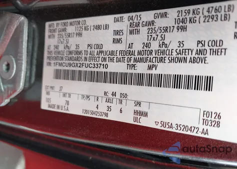 2015 Ford Escape Se z USA, uszkodzony, nr VIN 1FMCU9GX2FUC33710